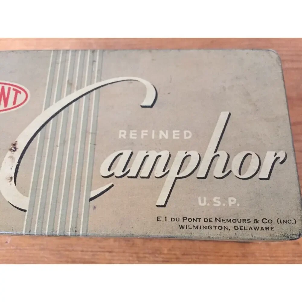 Vintage DuPont Refined Camphor USP 32 Tablet Rectangular Metal Tin Empty